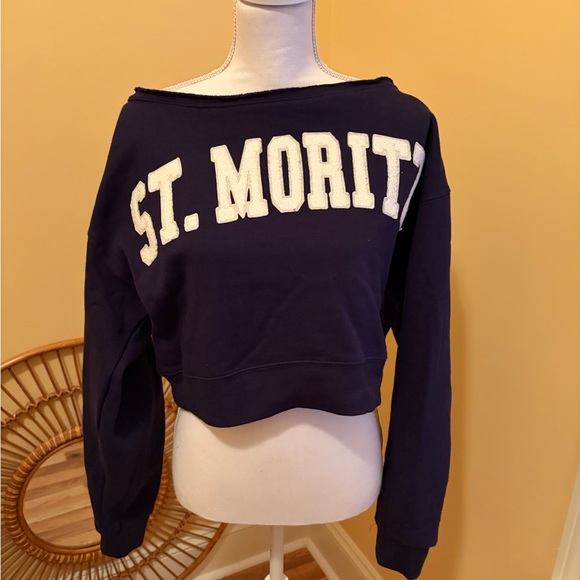 NWT Wild Fable St. Moritz Navy Off-Shoulder Sweatshirt Alpine Apres Ski Mtn New - Picture 4 of 15